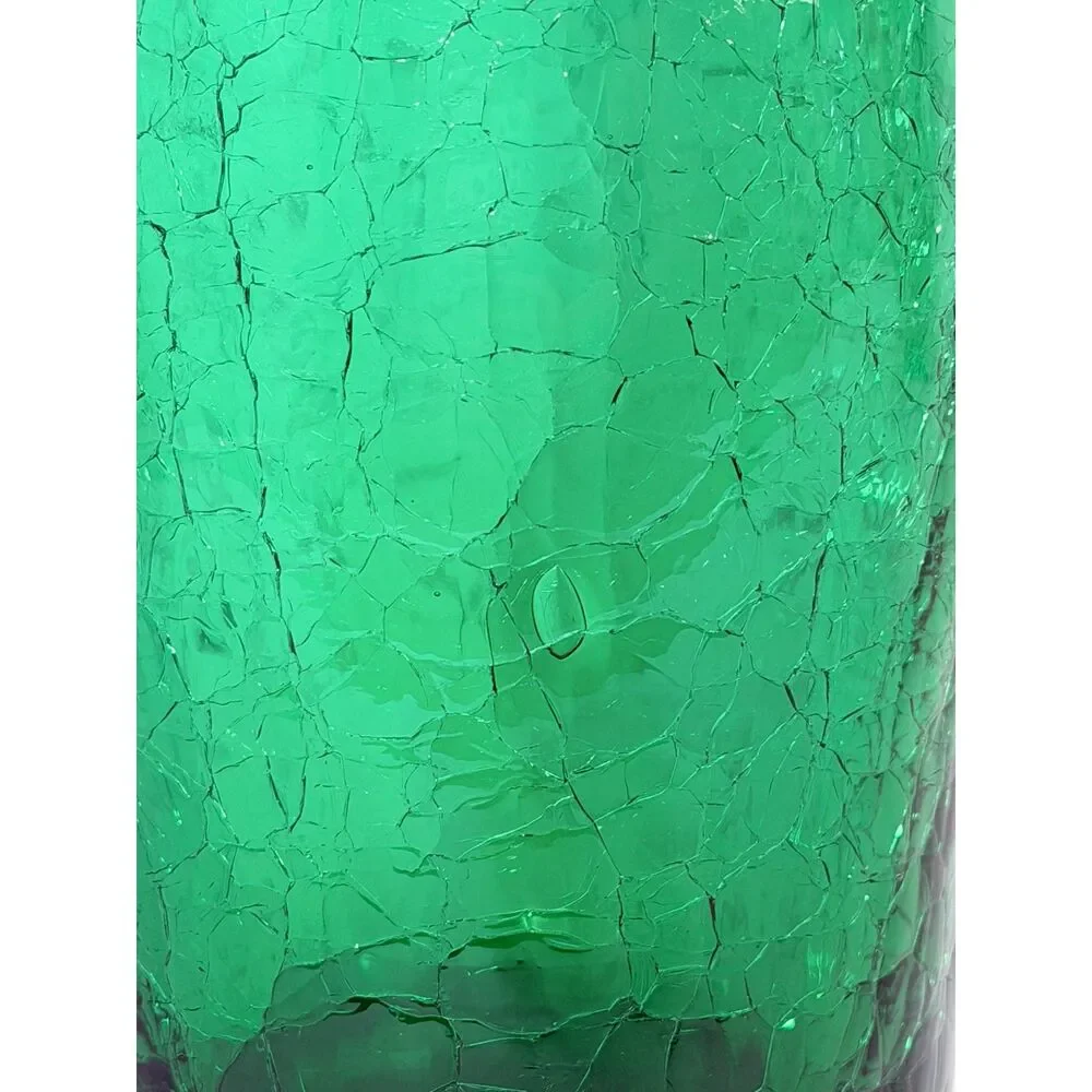 VTG Emerald Green Crackle Glass Tall Mod Large Vase Decanter Decor Art Glass